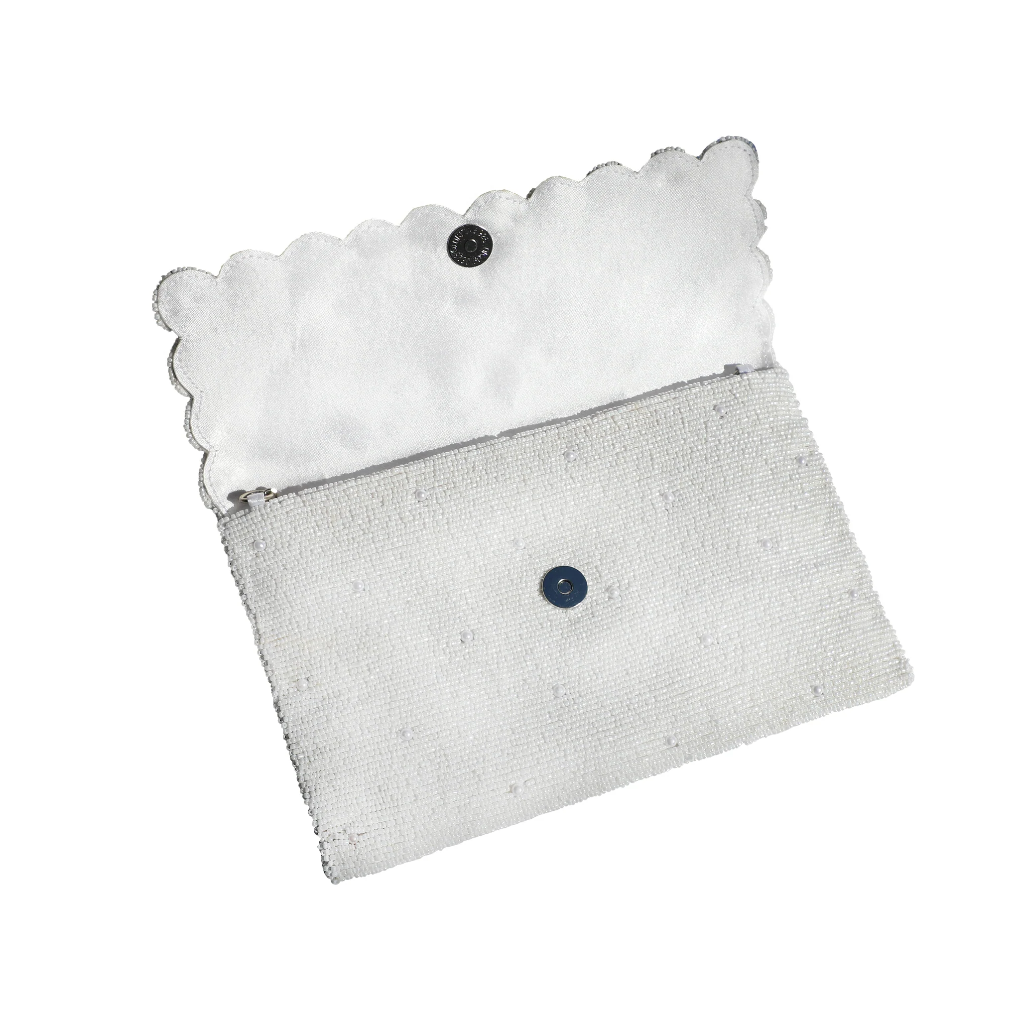 Scalloped Beaded Pearl Fold Over Clutch - White - Image 3